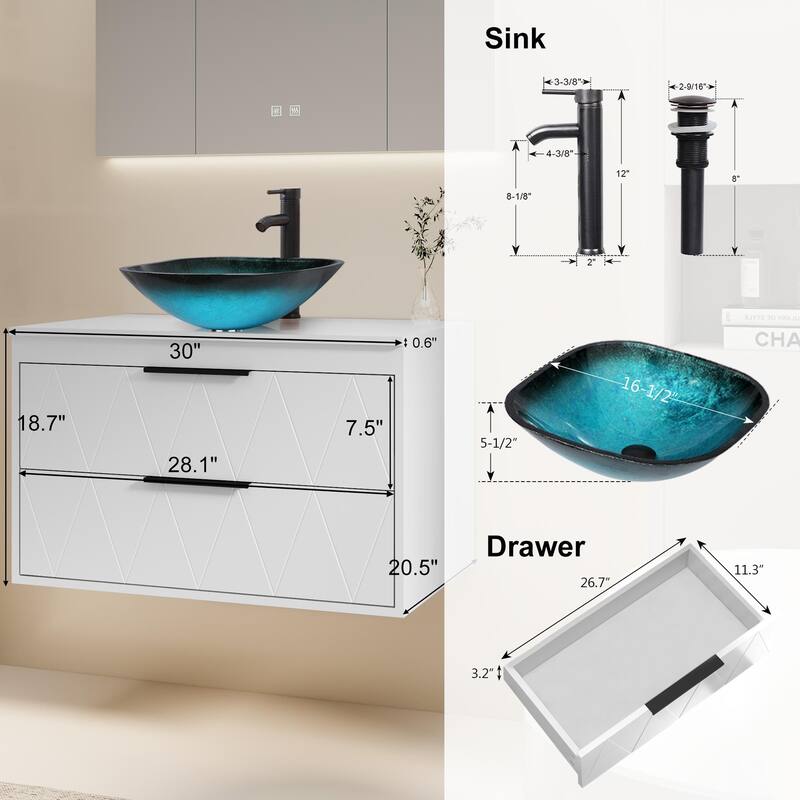 Modern Wall Mounted Bathroom Vanity Set with Vessel Sink & Faucet