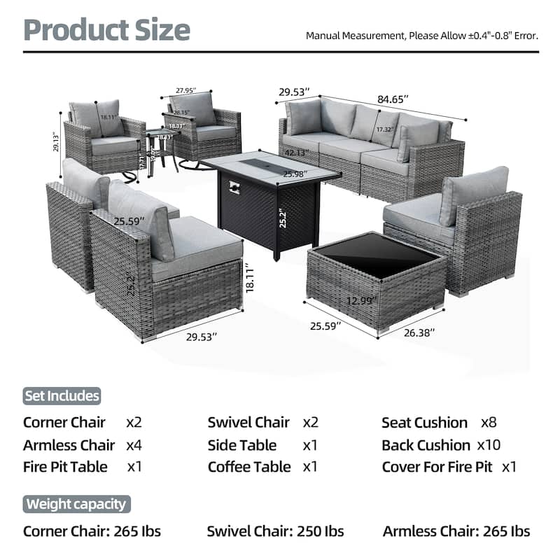 XIZZI 11-piece Patio Furniture Sofa Seating Set with Fire Pit