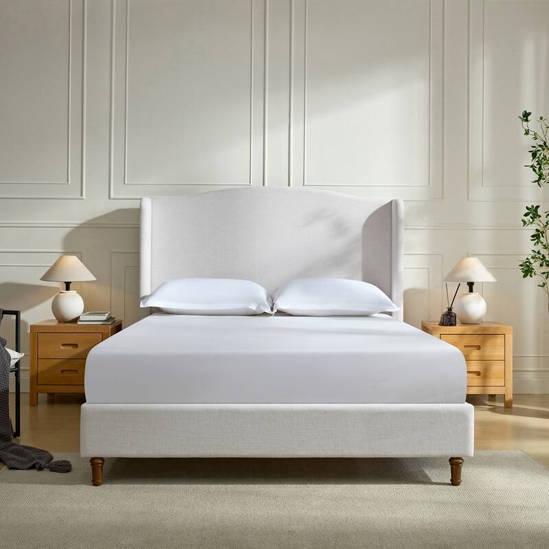 Upholstered Wingback Headboard Bed Platform Bed No Box Spring Needed - Queen - Ivory