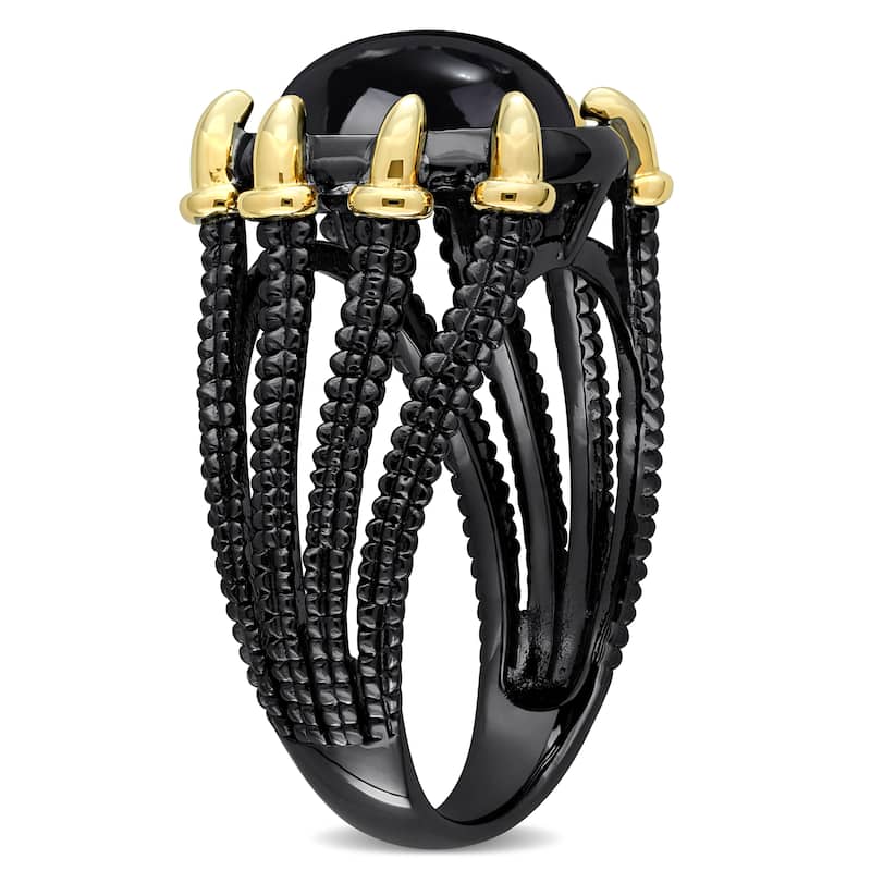 Miadora Mens 6 ct TGW Black Agate Roped Split-Shank Ring in Yellow and Black Silver