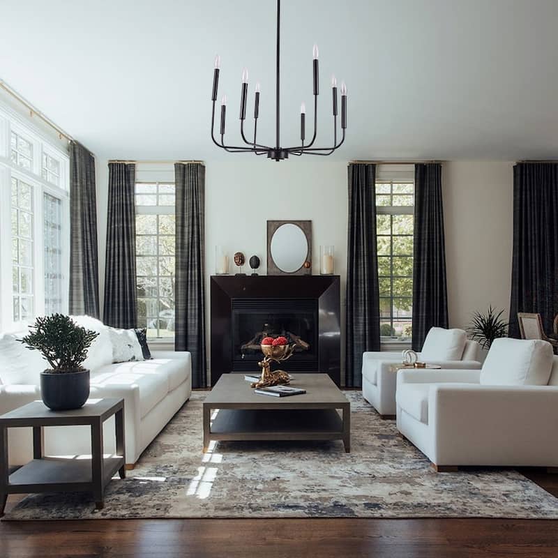 8-Light Minimalist Black Metal Candle Style Chandelier 25in