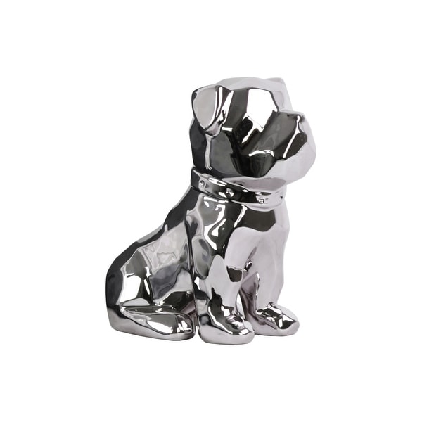 Geometrically Carved Sitting British Bulldog Figurine In Ceramic, Silver