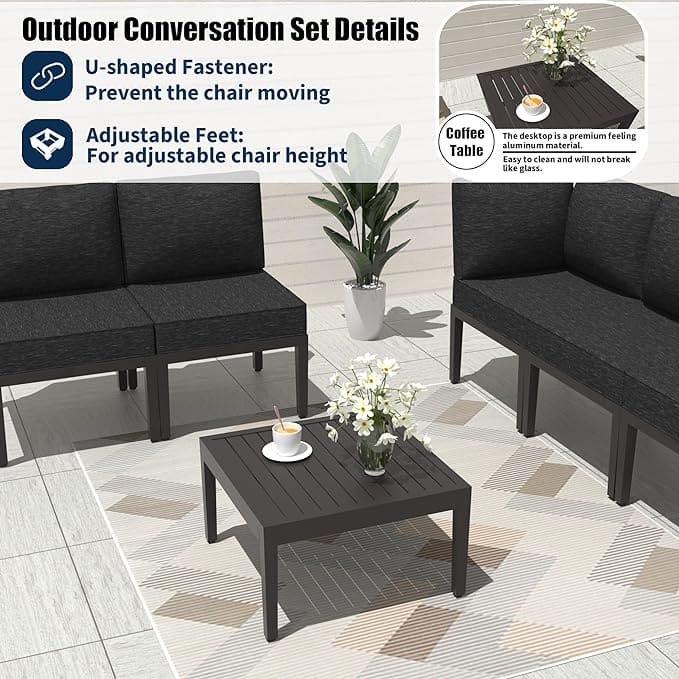 Kullavik 7 Piece Outdoor Furniture Set, Modern Metal Sectional Sofa with Thick Cushions and Coffee Table