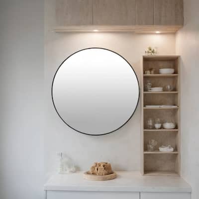 32" Wall Mount Round Black Aluminum Bathroom Mirror with HD Glass