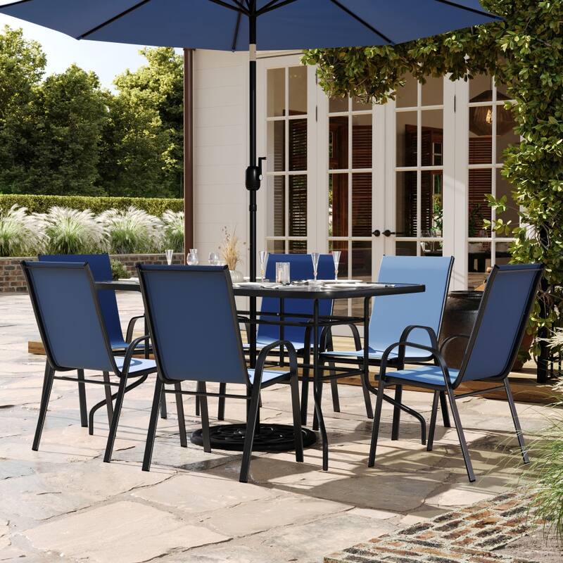 7-Piece Rippled Glass Outdoor Patio Table and Stacking Chairs Set - Navy