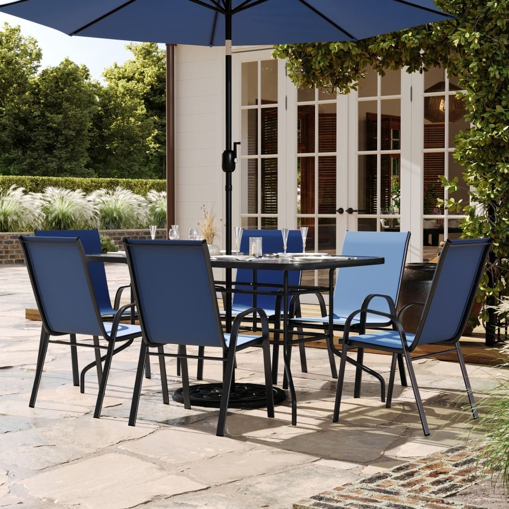 7-Piece Rippled Glass Outdoor Patio Table and Stacking Chairs Set