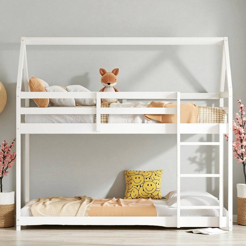 Twin Over Twin Floor Bunk Bed with House Roof Design, Rubber Wood Frame, Ladder and Guardrails for Kids Bedroom