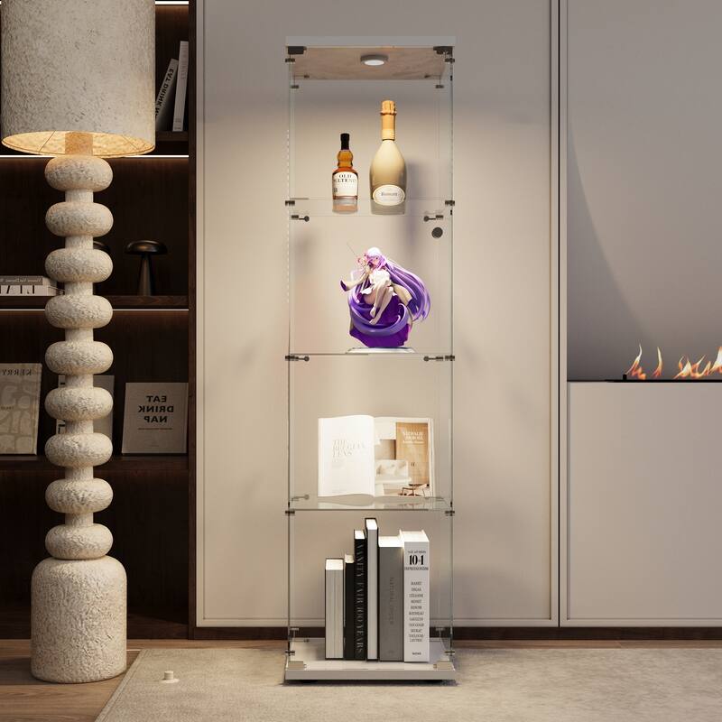 LED lights Glass Display Cabinet 4 Shelves with Door and Lock, Floor Standing Curio Bookshelf for Living Room Bedroom Office