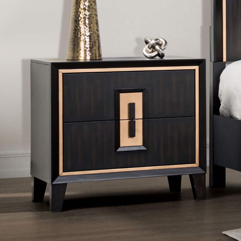Modern Espresso Wood Nightstand with 2 Drawers, Felt-Lined Top, Gold Trim & Finger Pull, Bedroom Side Table