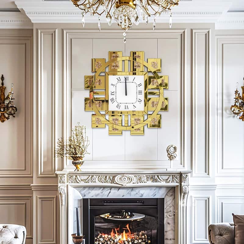 Gold/Silver Irregular Luxury Mirrored Wall Clock w/Crushed Diamond Inlay - 23.62x23.62 inch