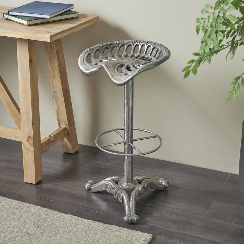 Metal Scroll Weathered Antique Cast Iron Bar Stool with Cutout Textured Seat and Footrest - Silver - Roche River Decor