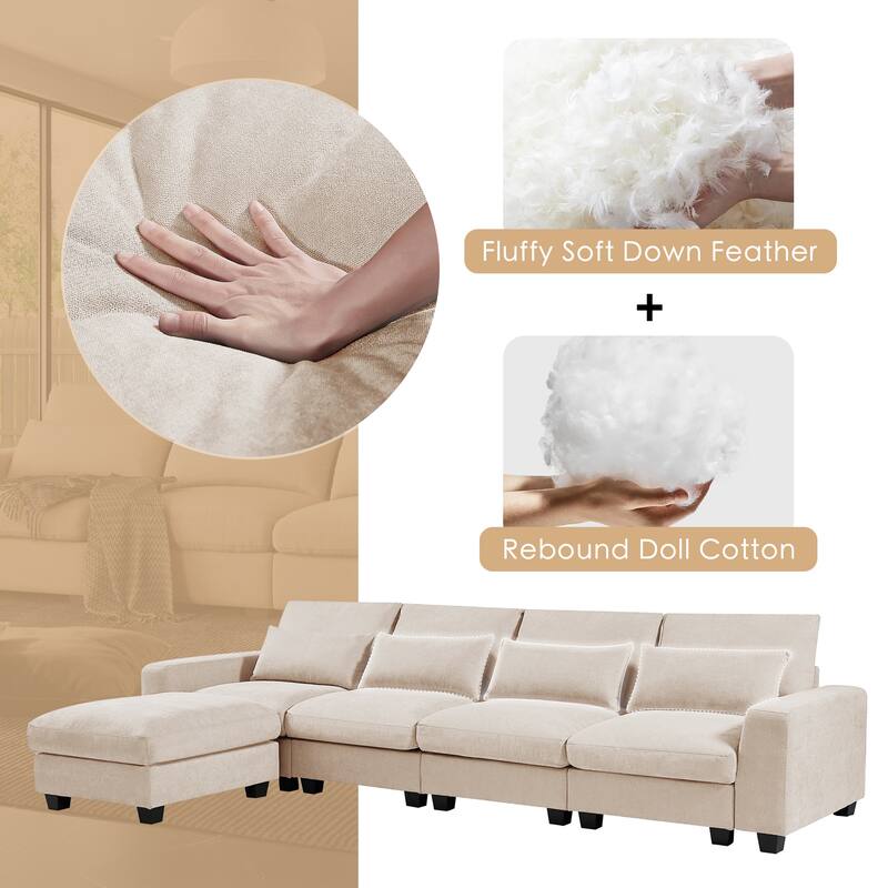 129.9" Chenille L-Shape Sectional Sofa with Reversible Chaise, Feather-Filled Cushions and Spring Support