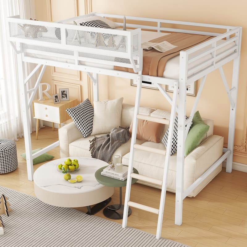 Queen Size Loft Bed with Ladder, Storage Shelves for Kids Teens