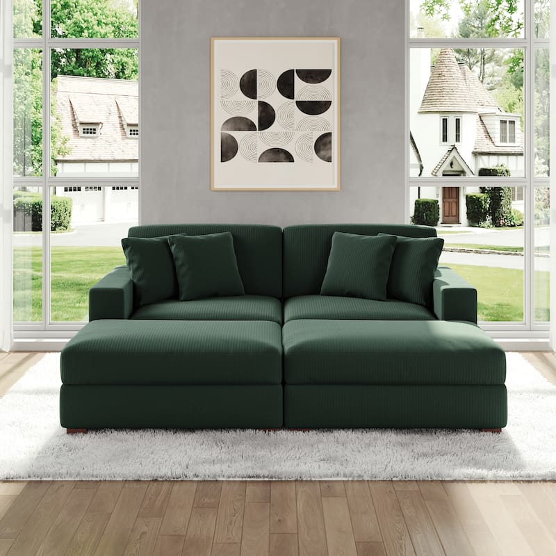 Modular Corduroy Sectional Sofa Set Chaise Couch with Ottoman