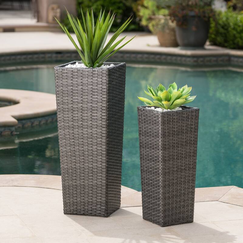 Outdoor Wicker Flower Pots 2-Pcs Set, Square Planter Box - Grey