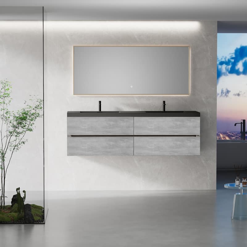 GDFStudio - Carter Floating Bathroom Vanity with Black Quartz Sand Countertops & Soft-Close Drawers - 72" - Grey