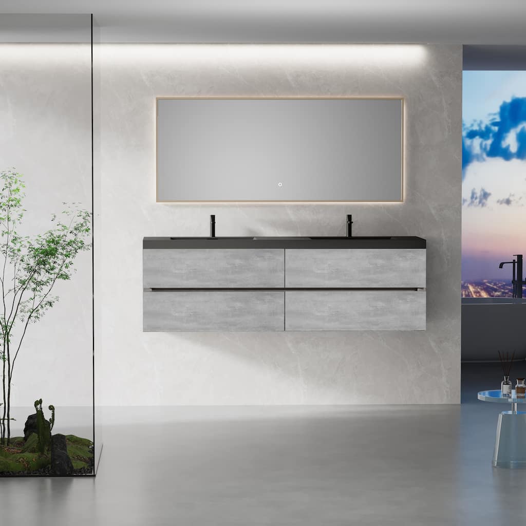 GDFStudio - Carter Floating Bathroom Vanity with Black Quartz Sand Countertops & Soft-Close Drawers