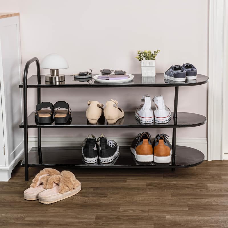 happimess Modern 24" 9-Pair 3-Tier Iron Curved Decker Shoe Rack