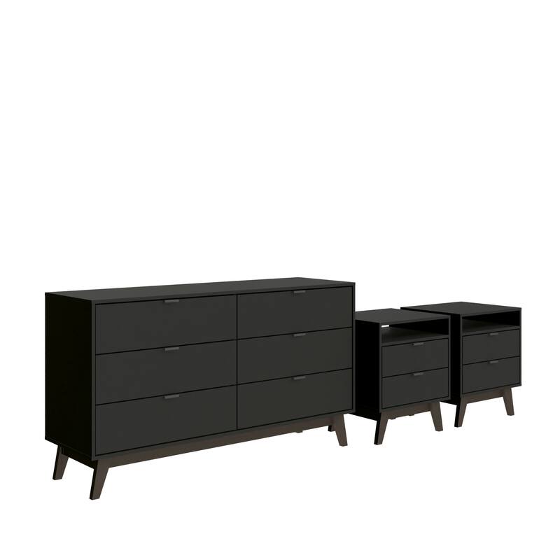 Kappesberg New Hanford 3-Piece Bedroom Set, six (6)-Drawer Dresser & Two (2) 2-Drawer Nightstand - Black