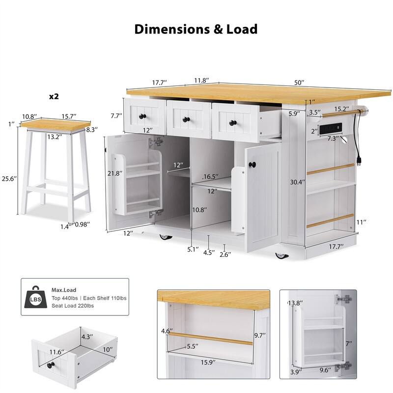 3-Piece/1 Piece Kitchen Island Set with/without 2 Bar Stools, Kitchen Cart on Wheels with 3 Drawers, Drop Leaf & Open Side Racks
