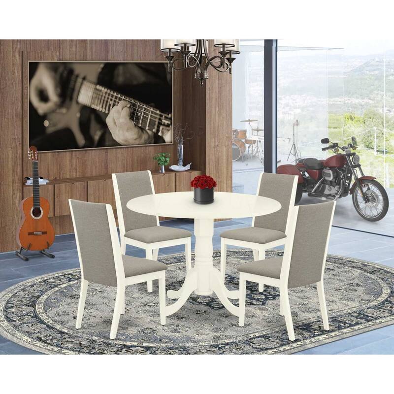 HomeStock 5-Piece Round Buttermilk and Cherry Finish Solid Wood Top Dining Table with 4 Upholstered Chairs with Lattice Back