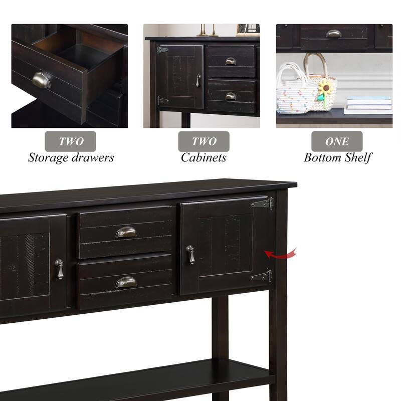 Solid Wood Sideboard Console Table with Drawers Cabinets and Bottom Shelf