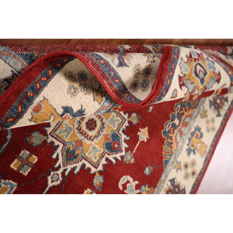 Red Geometric Kazak Foyer Rug Hand-Knotted Traditional Wool Carpet - 3'4" x 4'8"