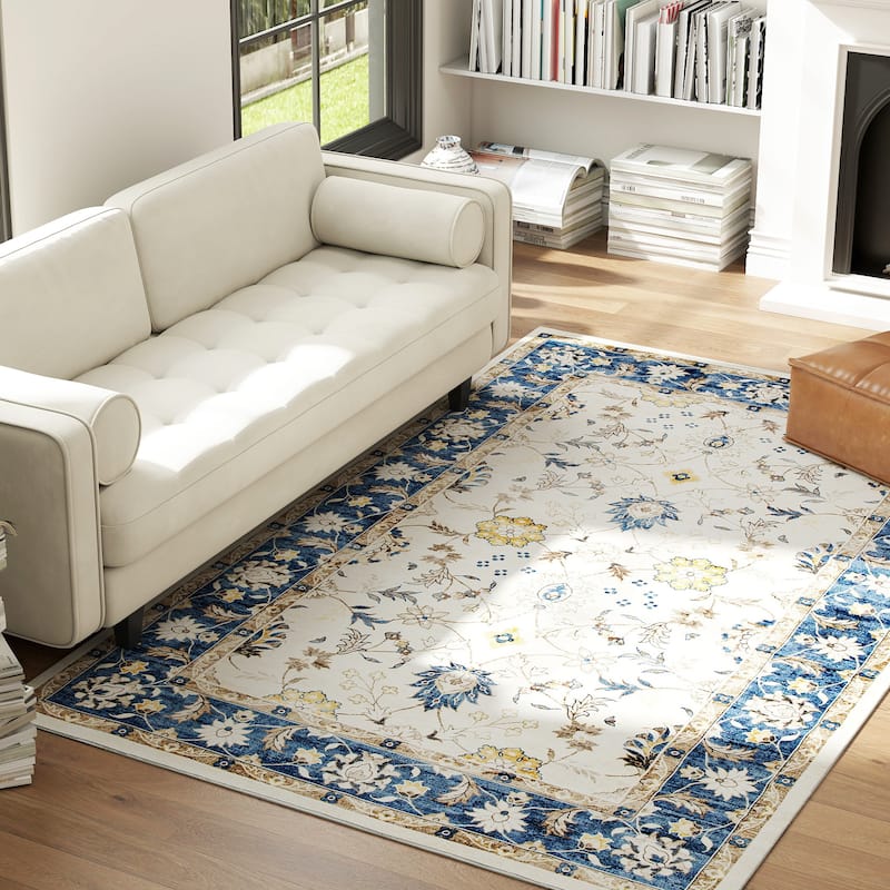 HOMCOM Area Rug 5x7, Machine Washable Rug, Non-Slip Boho Floral Print Floor Cover Foldable Carpet for Living Room - 6' x 7'