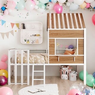 Modern Twin Size Metal Loft Bed With Roof,Window,Guardrail And Ladder for Bedroom