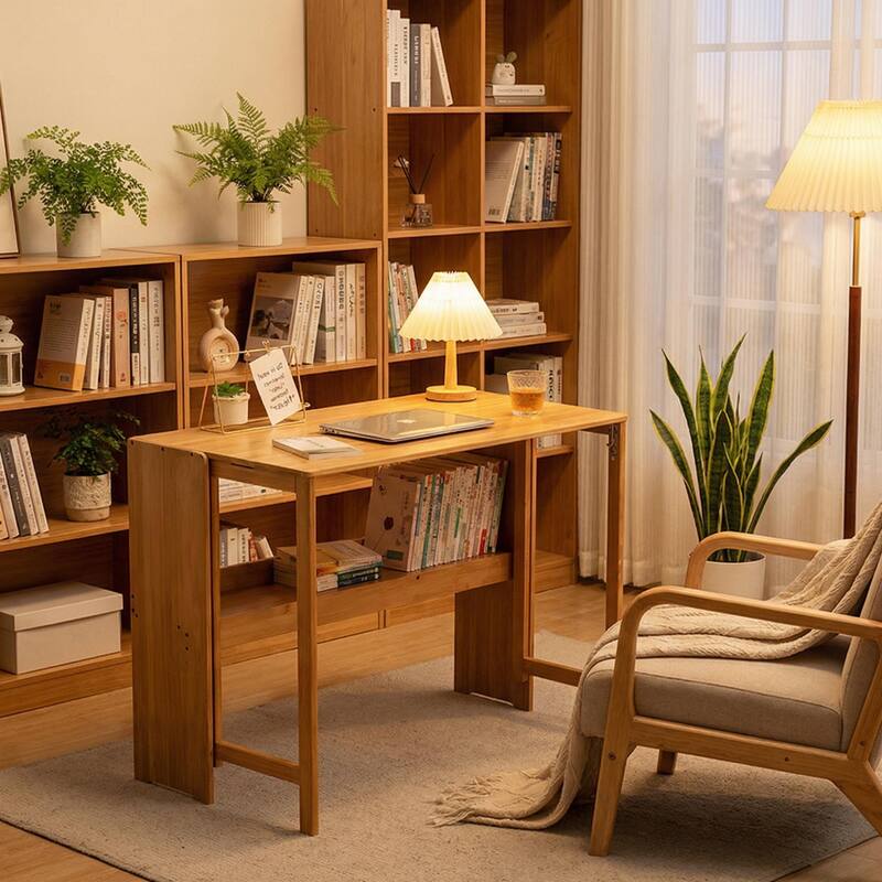 Bamboo Folding Desk, Space-Saving Foldable Computer Desk with Storage Shelf for Home Office, Dorm or Small Spaces - Natural