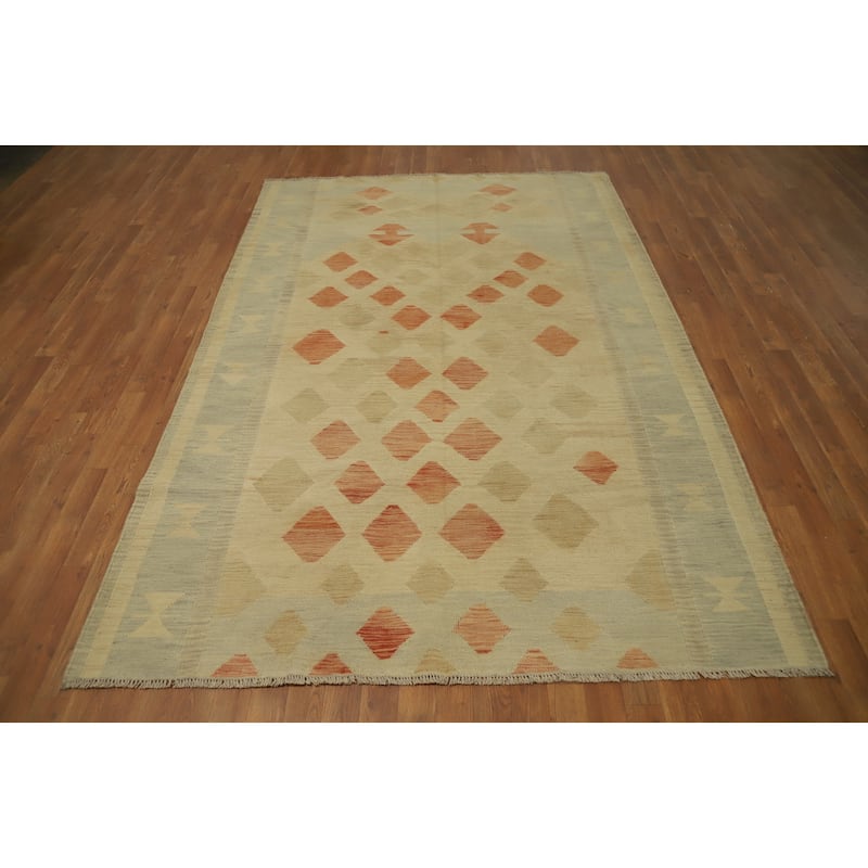 Hand Woven Oriental 100% Wool Carpet Southwestern Tribal Beige & Ivories Kilim Area Rug - 8' 8'' X 5' 10''