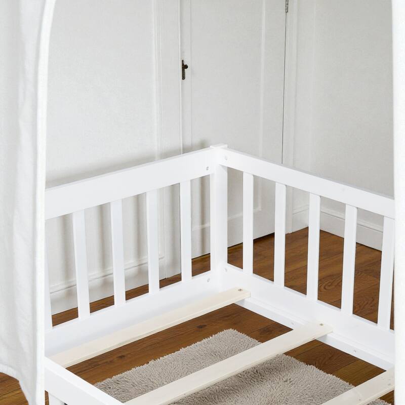 Twin Size Rubber Wood Floor Bed with Fence and Door, Montessori Platform Bed with Safety Guardrails for Kids