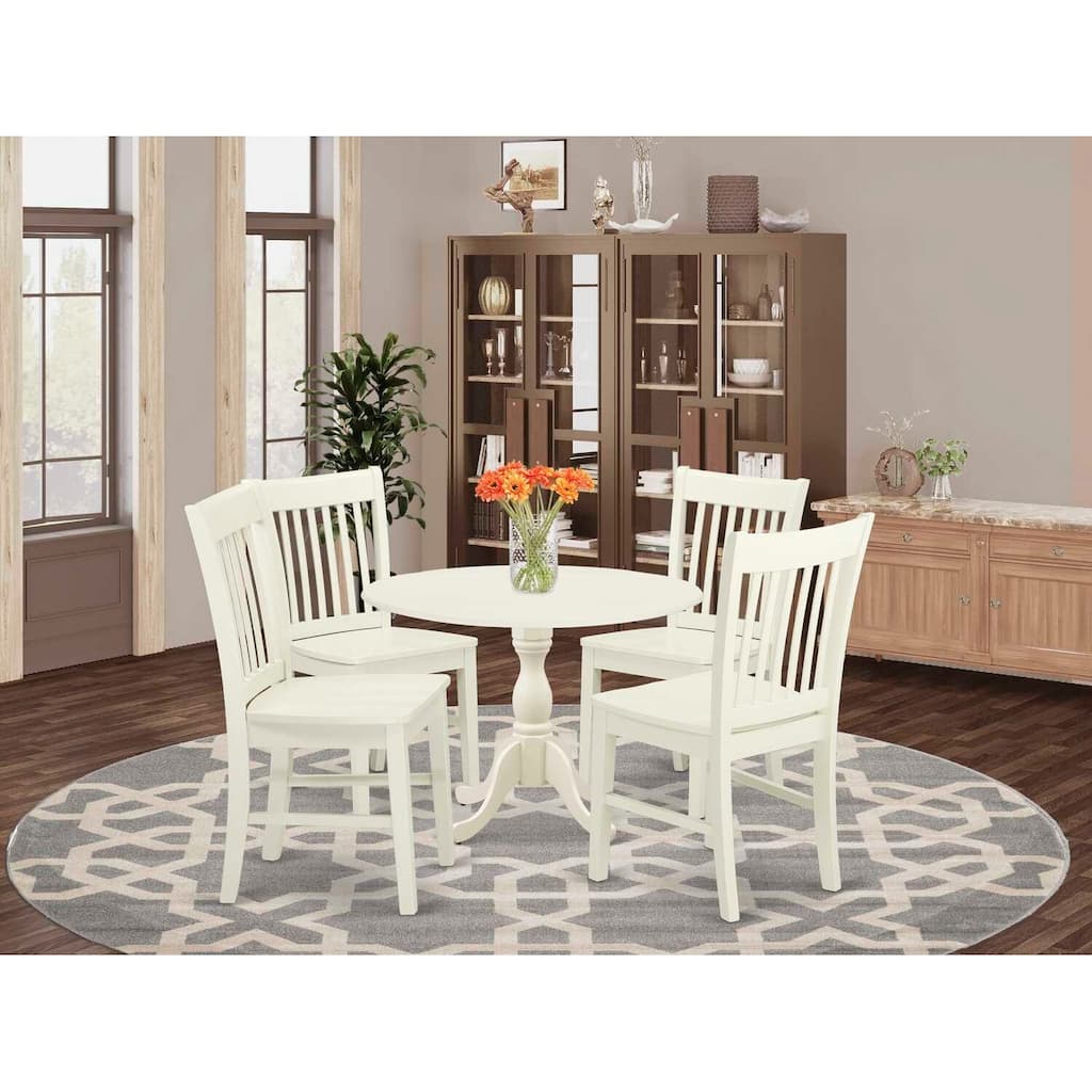 HomeStock 5-Piece Linen White Finish Solid Wood Top Dining table with 4 Chairs with Drop Leaf Slat Back