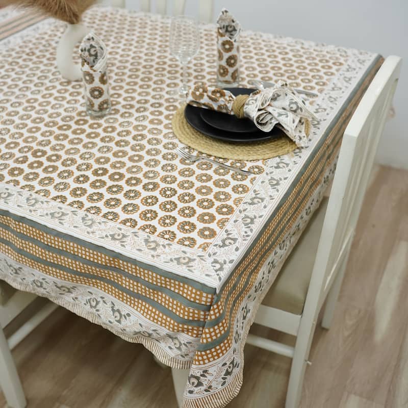 Fabdivine Handmade Block Print Cotton Table Cover Farmhouse Dining Kitchen Decor Gift