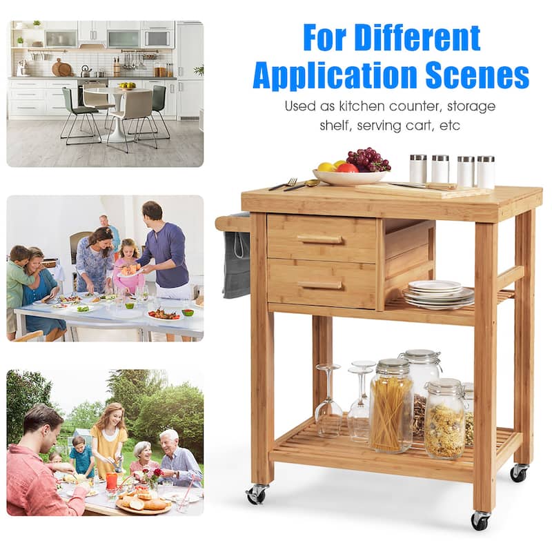 Costway Bamboo Kitchen Trolley Cart Wood Rolling Island w/ Tower Rack