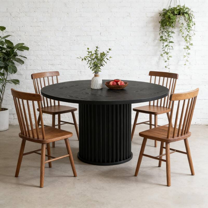 Round Dining Table with Fluted Base, Wood Kitchen Table, Home Office Table Meeting Table for 4-6 People
