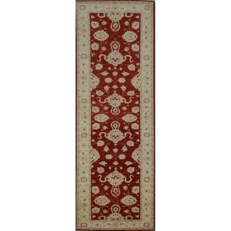 Hand Knotted Oriental 100% Wool Carpet Traditional Floral Red Peshawar Runner Rug - 9' 9'' X 2' 9''