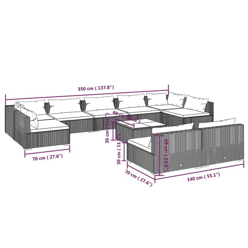 vidaXL Patio Lounge Set Outdoor Sectional Sofa Set Table Garden Poly Rattan - 27.6" x 27.6" x 23.8"