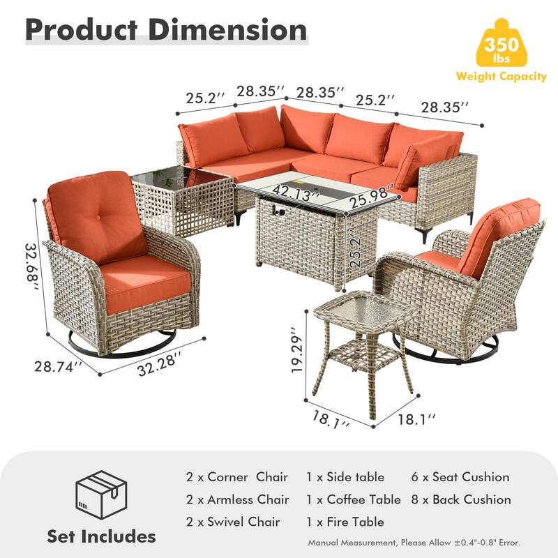 OVIOS 9 Pieces Outdoor Wicker Swivel Chair Set With Fire Table