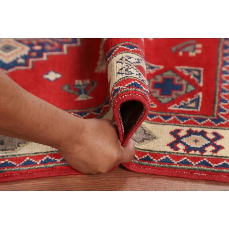 Red Kazak Accent Rug Handmade Geometric Wool Carpet - 3'2" x 4'11"