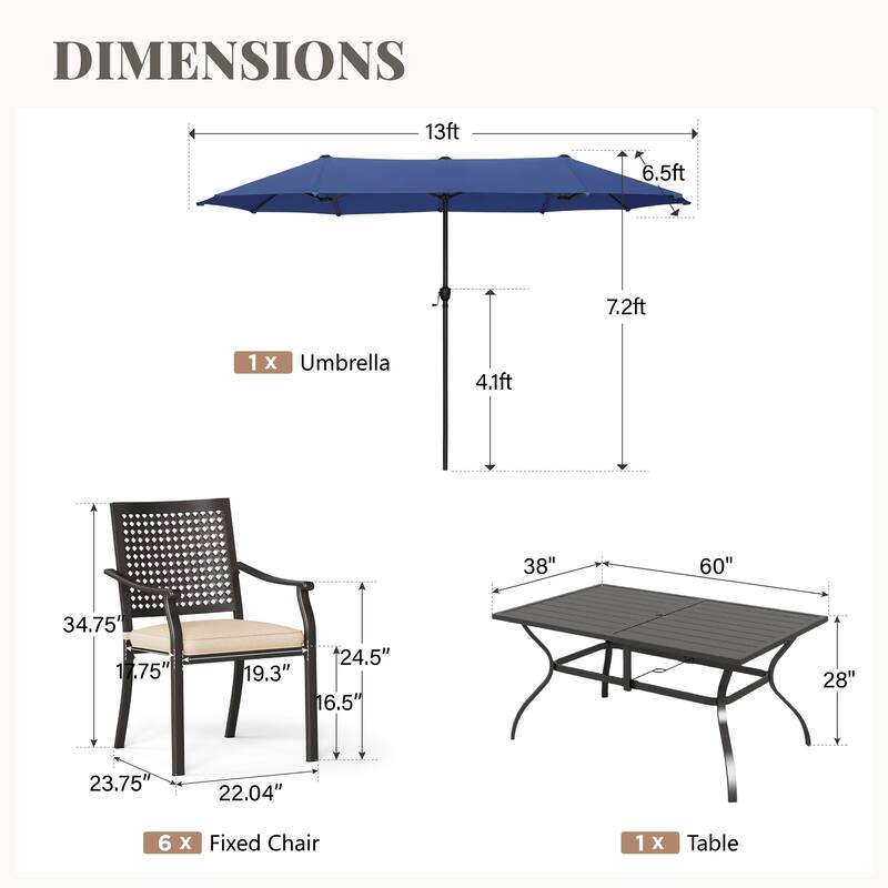 8-Piece Patio Dining Set Metal E-coating of 6 Upgraded Back Pattern Chairs & 1 Metal Table & 13FT Large Umbrella
