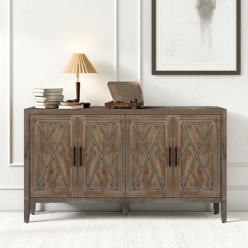 60" Farmhouse 4-Door Wood Accent Sideboard Buffet Cabinet with Adjustable Shelf for Kitchen and Entryway.