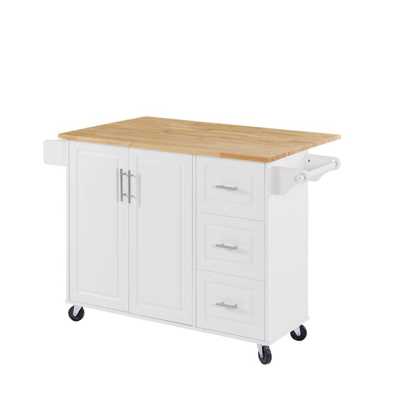 Anmytek White Rolling Kitchen Cart with Bamboo Top Drop Leaf Mobile Island Storage for Small Spaces
