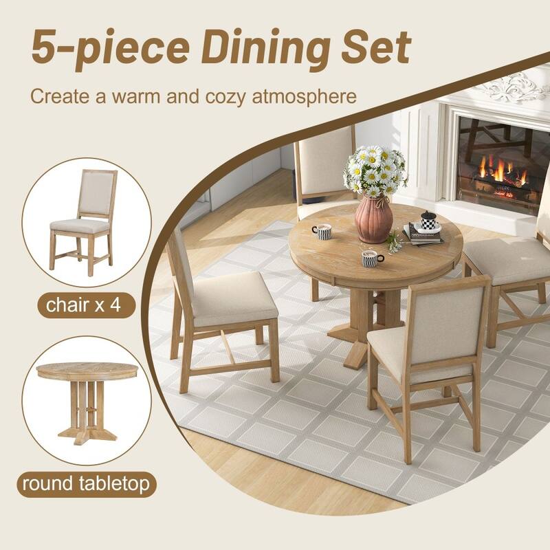 5-piece Farmhouse Dining Set with Extendable Round Table and 4 Upholstered Chairs