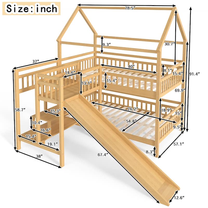 Full/Twin House-Shaped Bunk Bed with Slide & Storage Stairs, Playhouse Bed with Two Placement Methods