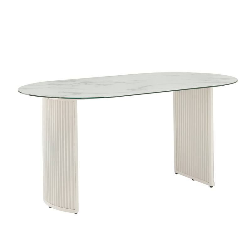 Pecos 65" White Metal Marble Pattern Tempered Glass Dining Table by iNSPIRE Q Modern