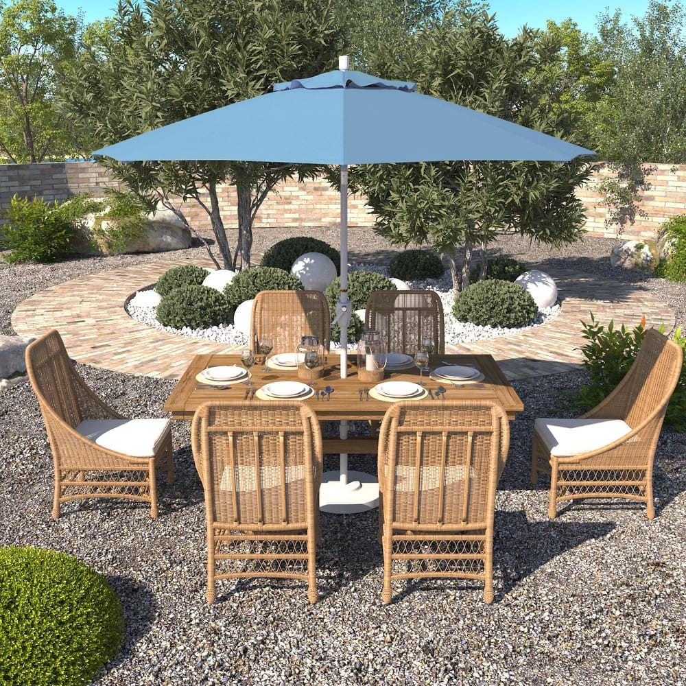 California Umbrella 9' Round Crank Lift Push Button Tilt White Aluminum Patio Umbrella with Olefin Royal Blue Fabric