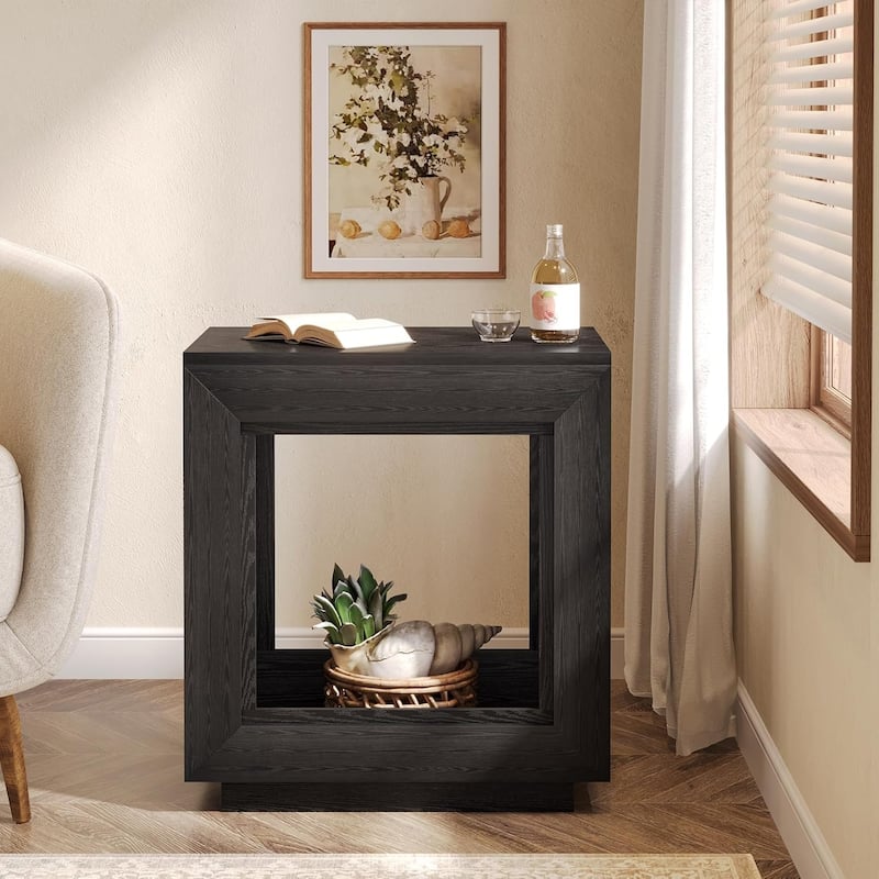 24" Rustic 2-Tier End Table, Side Table with Storage Shelf, Sofa Nightstand for Living Room, Bedroom, Entryway