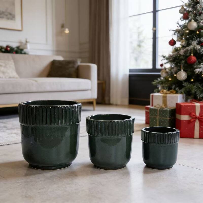 Glossy Ribbed Handmade Ceramic Planter Pot, for Succulents and Herbs - Antique Black