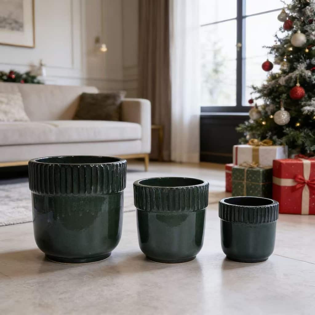 Glossy Ribbed Handmade Ceramic Planter Pot, for Succulents and Herbs